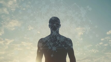 Poster - a human silhouette stands surrounded by molecular structures and diagrams as sunlight filters throug