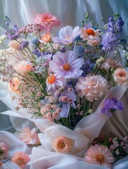 Poster - A bouquet of flowers wrapped in white paper, placed on top of the table with light purple and pink colors, surrounded by other delicate pastel-colored flowers, white background.
