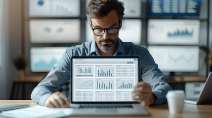 Poster - A confident business professional working on a sleek laptop in a modern, slightly cluttered office, surrounded by multiple screens displaying data and billing automation processes.