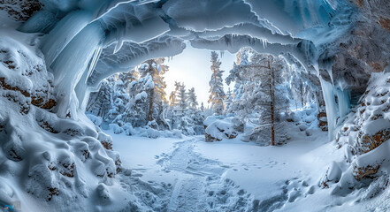 Poster - An ice cave with a deep interior, beside the entrance has snow covered rocks and trees, and the interior is very claustrophobic.