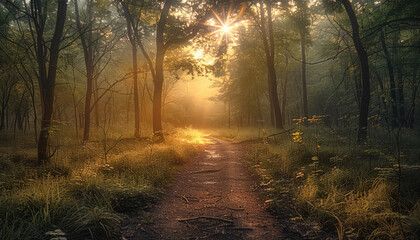 Poster - A serene landscape at sunrise, where the gentle rays of the sun illuminate a quiet path through a lush forest.