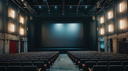Aufkleber - A large black screen in front of an empty cinema hall with rows of chairs, all on a black background.