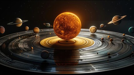 Poster - Record vinyl top view, with solar system all planets spinning symmetrically on it inside the vinyl, dark background.