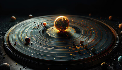 Poster - Record vinyl top view, with solar system all planets spinning symmetrically on it inside the vinyl, dark background.