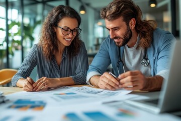 Poster - Two healthcare professionals collaborating over project documents in a modern office space