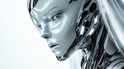 Wall Mural - Digital technology Silver metal robot woman sculpture poster background