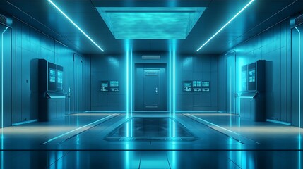 Canvas Print - Futuristic corridor with blue neon lights, a door, and glowing panels.