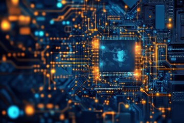 Fototapete - Close-up of a circuit board with glowing connections and a world map design