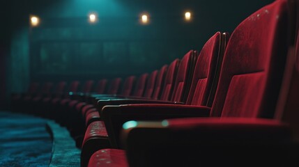 Poster - A row of red chairs in a dark theater