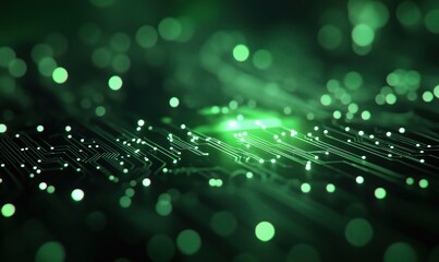 Poster - Green circuit board with glowing lights and intricate patterns