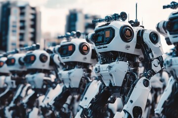 Poster - Futuristic robots lined up in an urban setting ready for a demonstration of advanced technology
