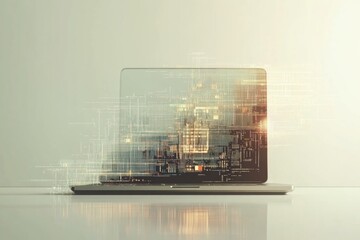 Fototapete - The laptop sits on a simple surface, featuring pixelated graphics that illustrate digital art and creativity in a contemporary setting. Generative AI