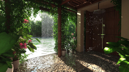 Poster - Outdoor Shower with Bamboo Privacy Screen and Pebble Floor