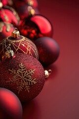 Poster - A red background with a copy space is adorned with Christmas ornaments. Festive Christmas.
