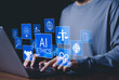 © Supatman - AI Ethics and Governance in Artificial Intelligence. A person working on laptop with icons representing ethics, law, and governance in AI, importance of responsible AI usage, ethical decision-making,