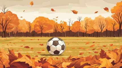 Wall Mural - A soccer ball is sitting on a field of leaves