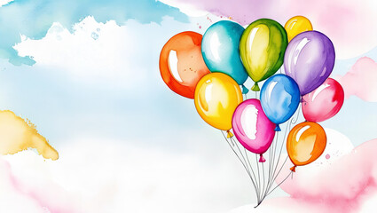 Wall Mural - A Colorful Balloon Celebration: A vibrant and festive watercolor illustration of colorful balloons floating in a sky filled with fluffy clouds. Birthday. Party. 1