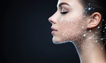 Poster - Digital face with network connections, profile view, glowing lines and nodes