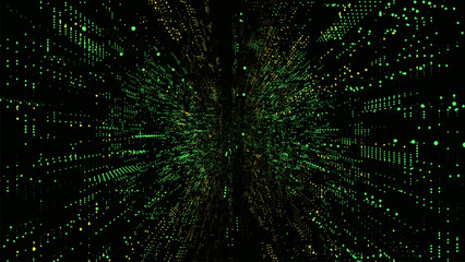 Futuristic vector sci-fi circle portal in space. Green matrix cyberspace with moving data. 3D ai tunnel with dot. Abstract digital wormhole data. Binary code particle flow by funnel. Concept hacking.