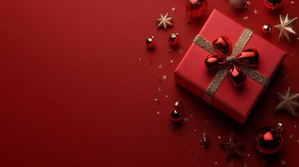 Poster - A red box with a bow on top of it is surrounded by many red and gold ornaments