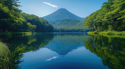Poster - A beautiful lake with the reflection of the mountain, tall trees in front of it, lush greenery around and behind the water surface, a distant view of a large volcano in the background, and a blue sky.