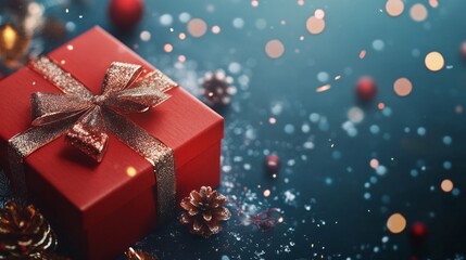 Poster - A red box with a gold bow sits on a table with a pile of Christmas decorations