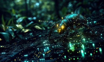 Poster - Futuristic robotic insect in lush digital forest, glowing circuits, vibrant colors