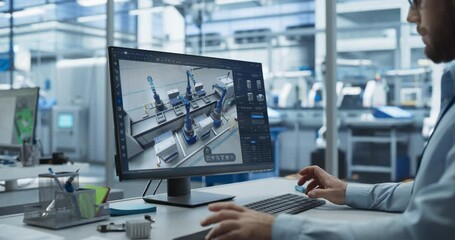 Leinwandbilder - Factory Design Production: Engineer Works with Advanced 3d Cad Software to Model Robotic Assembly Line. High-tech Innovative Manufacturing Progress for Next-generation Production Processes, Automation