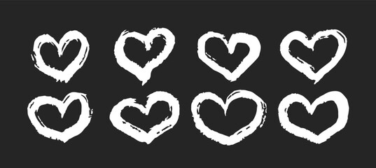 Wall Mural - Ink doodle hearts with lettering. Marker hand drawn pencil heart set. Love me, kiss. Charcoal symbol of love. Vector design elements for Valentine Day isolated on black background