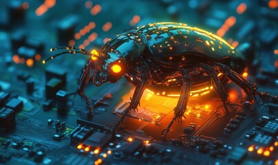 Poster - Futuristic robotic insect on circuit board, glowing details, high-tech design