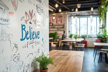 A vibrant workspace featuring the word 'Believe' on the wall, surrounded by greenery and wooden furniture.