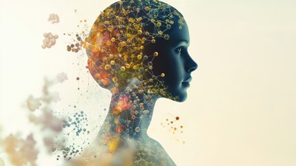 Leinwandbilder - The silhouette of a human head emerges, surrounded by vibrant molecules and complex diagrams, symbolizing science and innovation. Generative AI