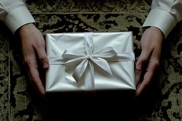 A person presents a beautifully wrapped gift with a white satin ribbon on a textured fabric background, symbolizing celebration, generosity, and special occasions.