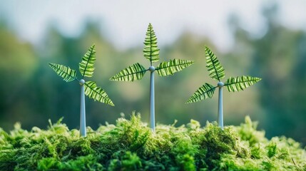 Wall Mural - Three wind turbines are standing on a green field