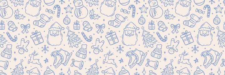 Poster - Cute Christmas repeat pattern banner, seamless vector repeating horizontal background, cartoon doodle illustration festive holiday wallpaper design