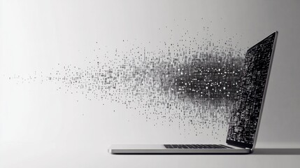 Leinwandbilder - The laptop sits against a clean backdrop, showcasing a dynamic burst of pixel elements flowing outward, symbolizing digital innovation. Generative AI
