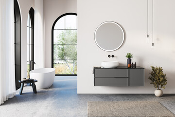 Wall Mural - Modern bathroom interior with white bathtub and chic vanity, white walls, concrete floor, arches, yard