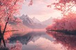 © grey - A serene lake surrounded by blooming cherry blossom trees, with mountains in the background.