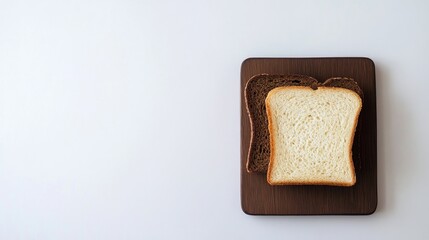 Wall Mural - Two pieces of rye bread toast, including white and brown varieties, arranged on a wooden board with an empty space for additional text, against a clean white background.