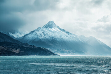Canvas Print - Cloudy view of mountain and lake generative AI