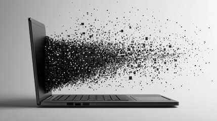 Aufkleber - A laptop releases a stream of pixel elements into the air, symbolizing the fusion of technology and creativity in a modern workspace. Generative AI