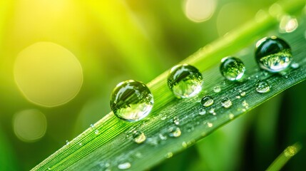 Wall Mural - Close-up of several water droplets on a green leaf, highlighting the beauty of nature in macro photography. Water droplets enhance the vibrant green of the plant, with ample copy space.