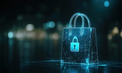 Poster - Digital shopping bag with lock symbol, representing secure online transactions