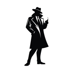 Wall Mural - A man in a black coat and hat smoking a cigarette. He is standing in front of a white background