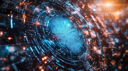 Poster - Explore the intricacies of a fingerprint scanner icon enhanced by a digital blue light overlay