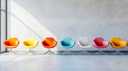 Poster - A row of colorful chairs are lined up against a wall