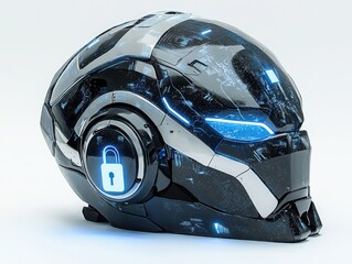 Poster - Explore the intriguing design of a futuristic ai robot head featuring a lock symbol