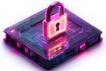 Poster - Visualize security holographic display of a secure server with glowing padlock icon enhances data protection