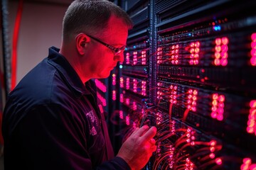 Poster - It specialist connects cables and manages servers to ensure optimal network performance