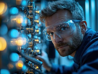 Poster - Mechanical engineer in safety goggles analyzes machinery for optimal performance and safety